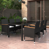 7 Piece Garden Dining Set Poly Rattan and Tempered Glass Black