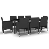 9 Piece Garden Dining Set Poly Rattan Black - Front View