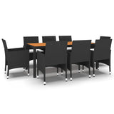 9 Piece Garden Dining Set Poly Rattan Black - Front View