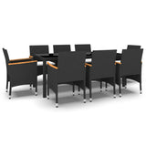 9 Piece Garden Dining Set Poly Rattan Black - Front View