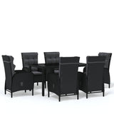 7 Piece Garden Dining Set Poly Rattan Black - Front View