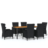 7 Piece Garden Dining Set Poly Rattan Black - Front View