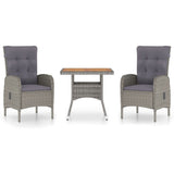 3 Piece Garden Dining Set Poly Rattan and Acacia Wood Grey - Front View