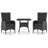 3 Piece Garden Dining Set Poly Rattan and Glass Black - Front View