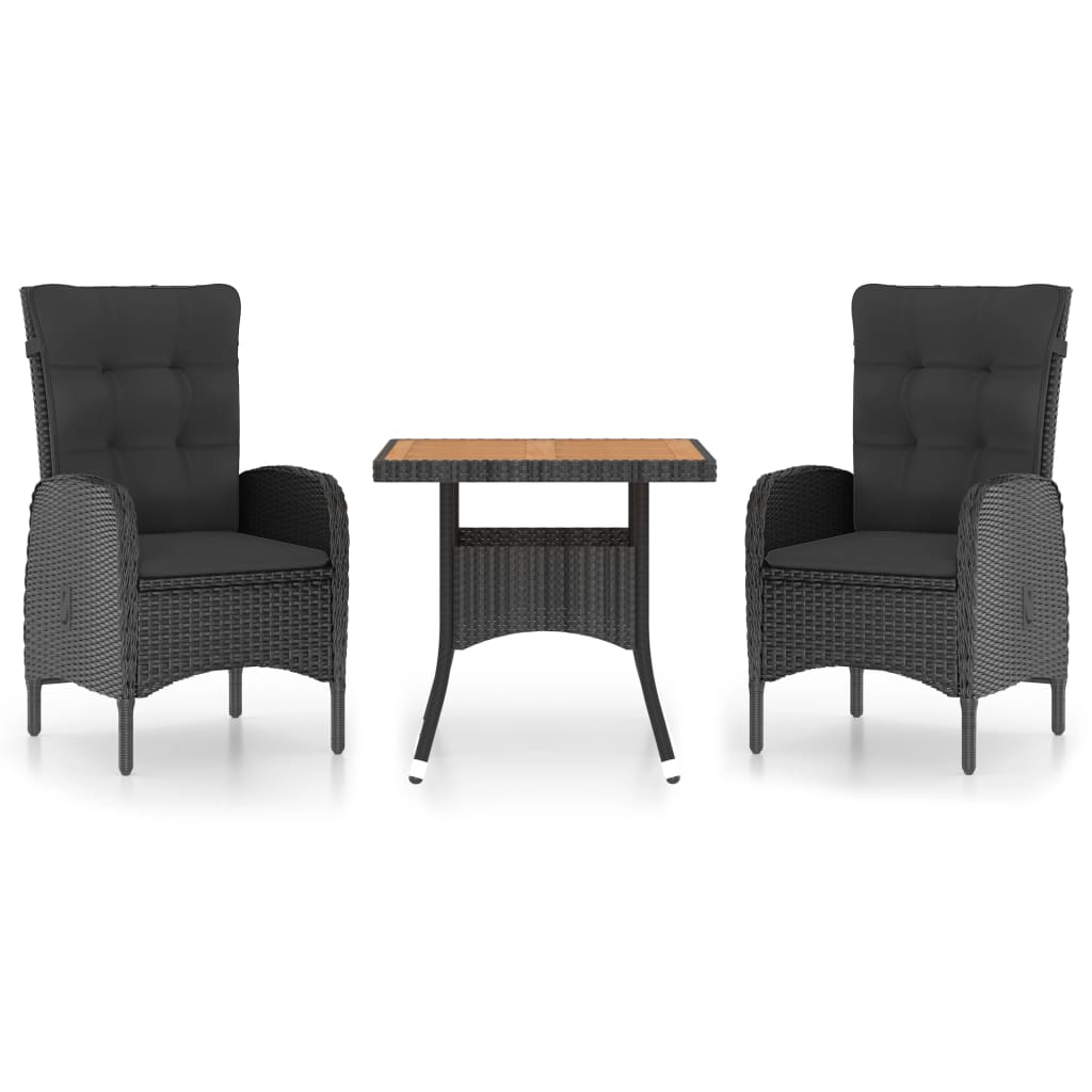 3 Piece Garden Dining Set Poly Rattan and Acacia Wood Black