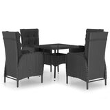 5 Piece Garden Dining Set Poly Rattan and Glass Black - Front View
