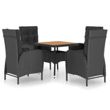 5 Piece Garden Dining Set Poly Rattan and Acacia Wood Black - Front View