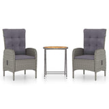 3 Piece Garden Bistro Set Poly Rattan and Acacia Wood Grey - Front View