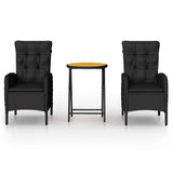 3 Piece Garden Bistro Set Poly Rattan and Solid Wood Acacia Black - Front View