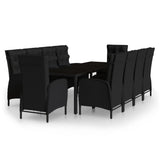 11 Piece Garden Dining Set Poly Rattan Black - Front View