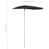 Garden Half Parasol with Pole 180x90 cm Black - Low Angle