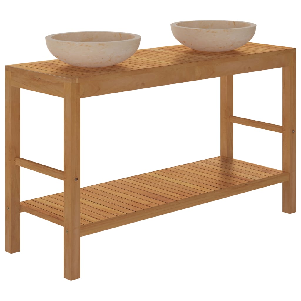 Bathroom Vanity Cabinet Solid Wood Teak with Sinks Marble Cream
