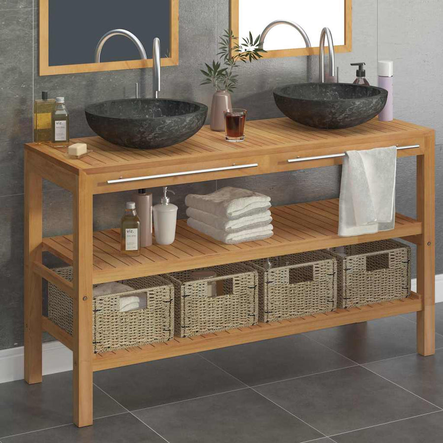 Bathroom Vanity Cabinet Solid Teak with Sinks Marble Black