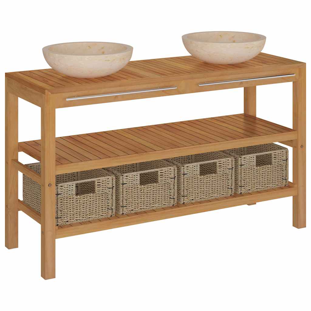 Bathroom Vanity Cabinet Solid Teak with Sinks Marble Cream