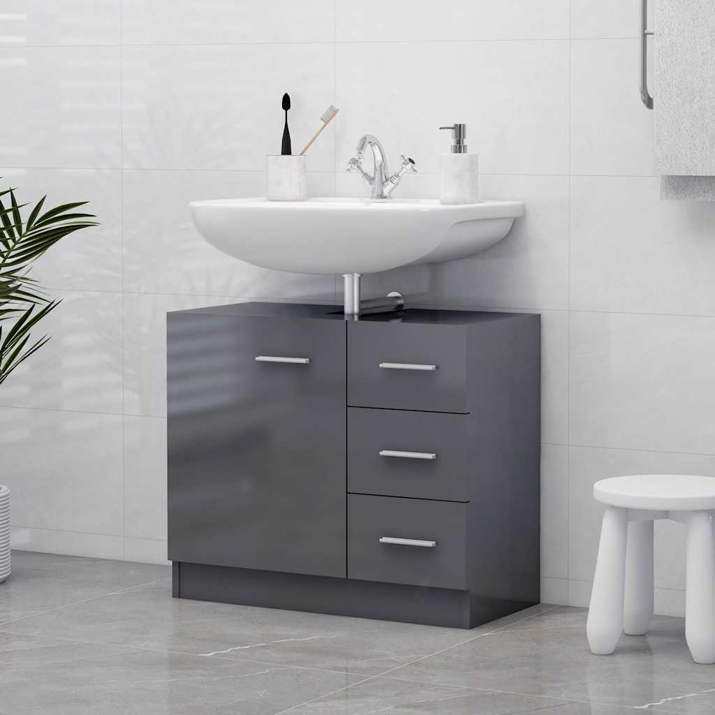 Sink Cabinet High Gloss Grey 63x30x54 cm Engineered Wood