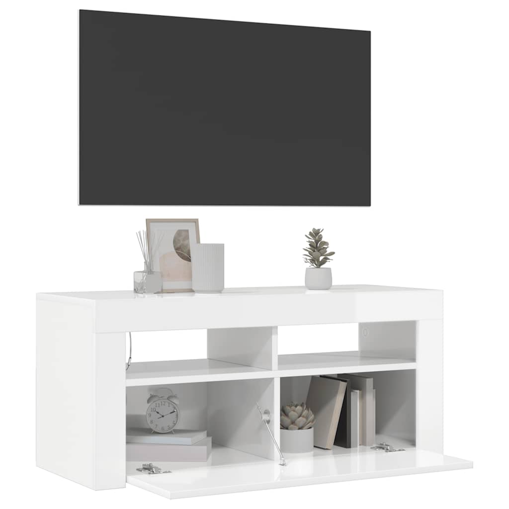 TV Cabinet with LED Lights High Gloss White 90x35x40 cm