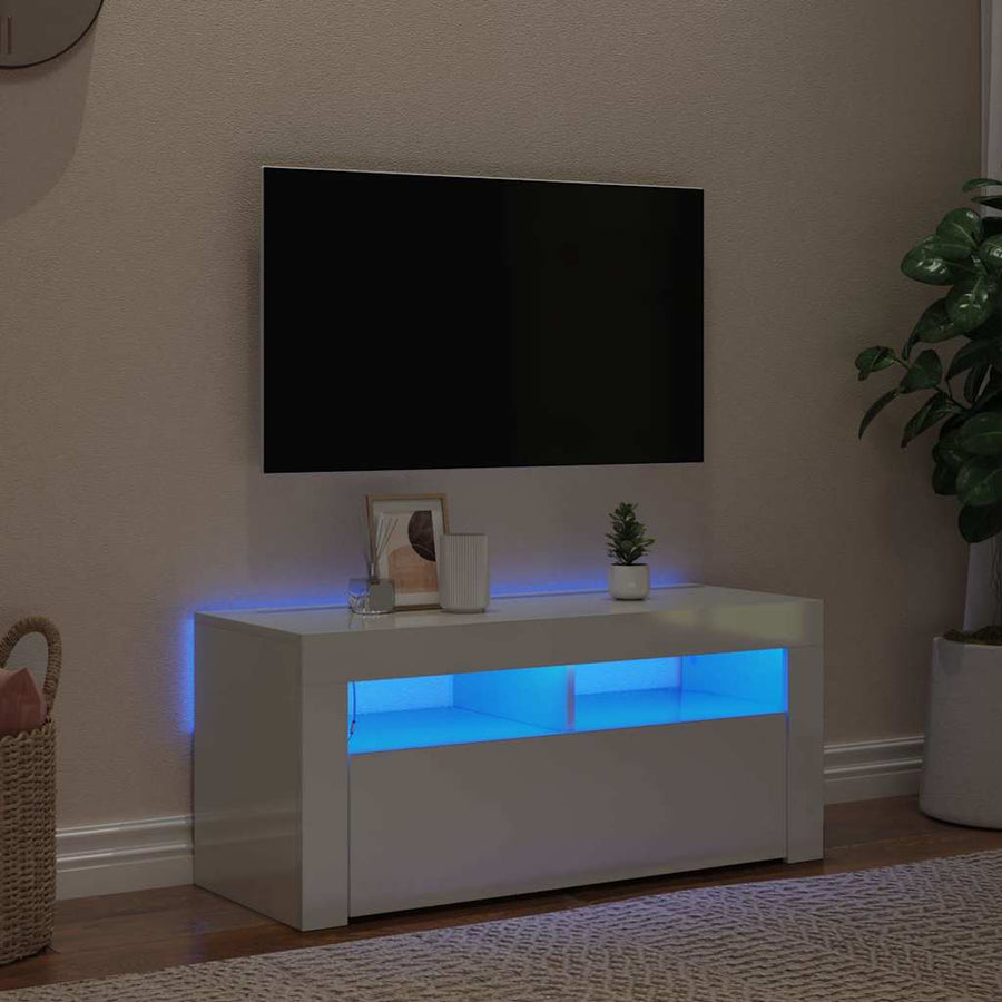 TV Cabinet with LED Lights High Gloss White 90x35x40 cm