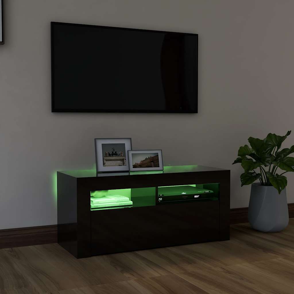 TV Cabinet with LED Lights High Gloss Black 90x35x40 cm