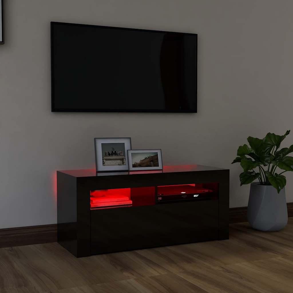 TV Cabinet with LED Lights High Gloss Black 90x35x40 cm