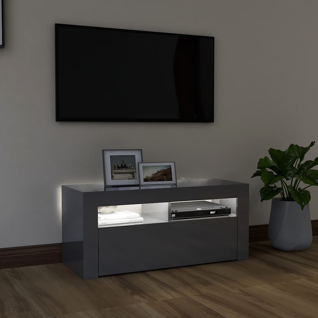 TV Cabinet with LED Lights High Gloss Grey 90x35x40 cm