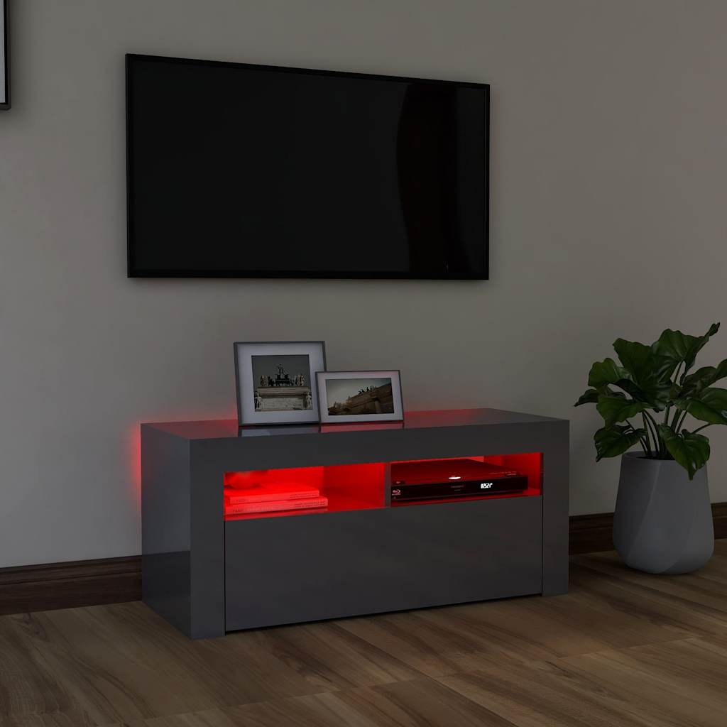 TV Cabinet with LED Lights High Gloss Grey 90x35x40 cm
