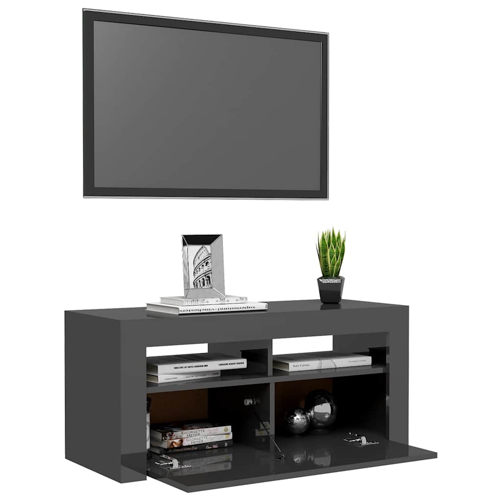 TV Cabinet with LED Lights High Gloss Grey 90x35x40 cm