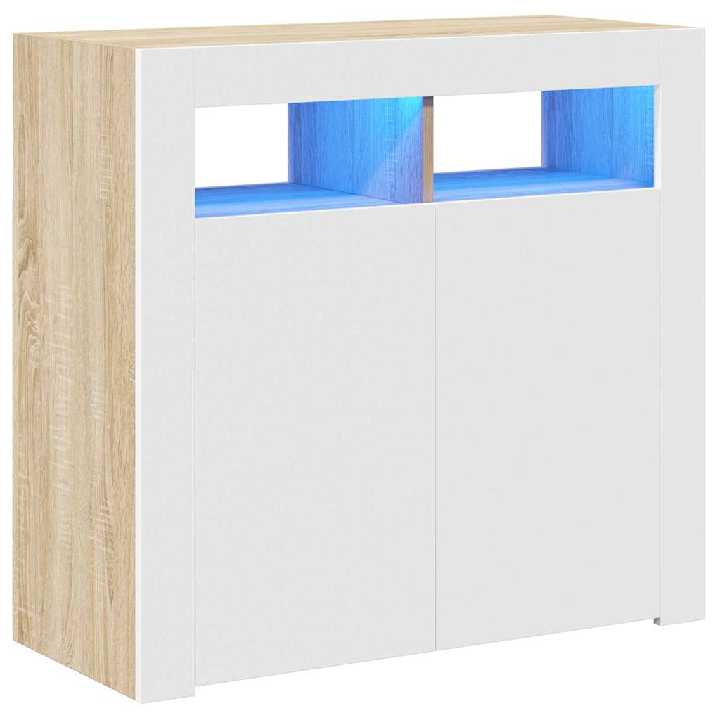 Sideboard with LED Lights White and Sonoma Oak 80x35x75 cm