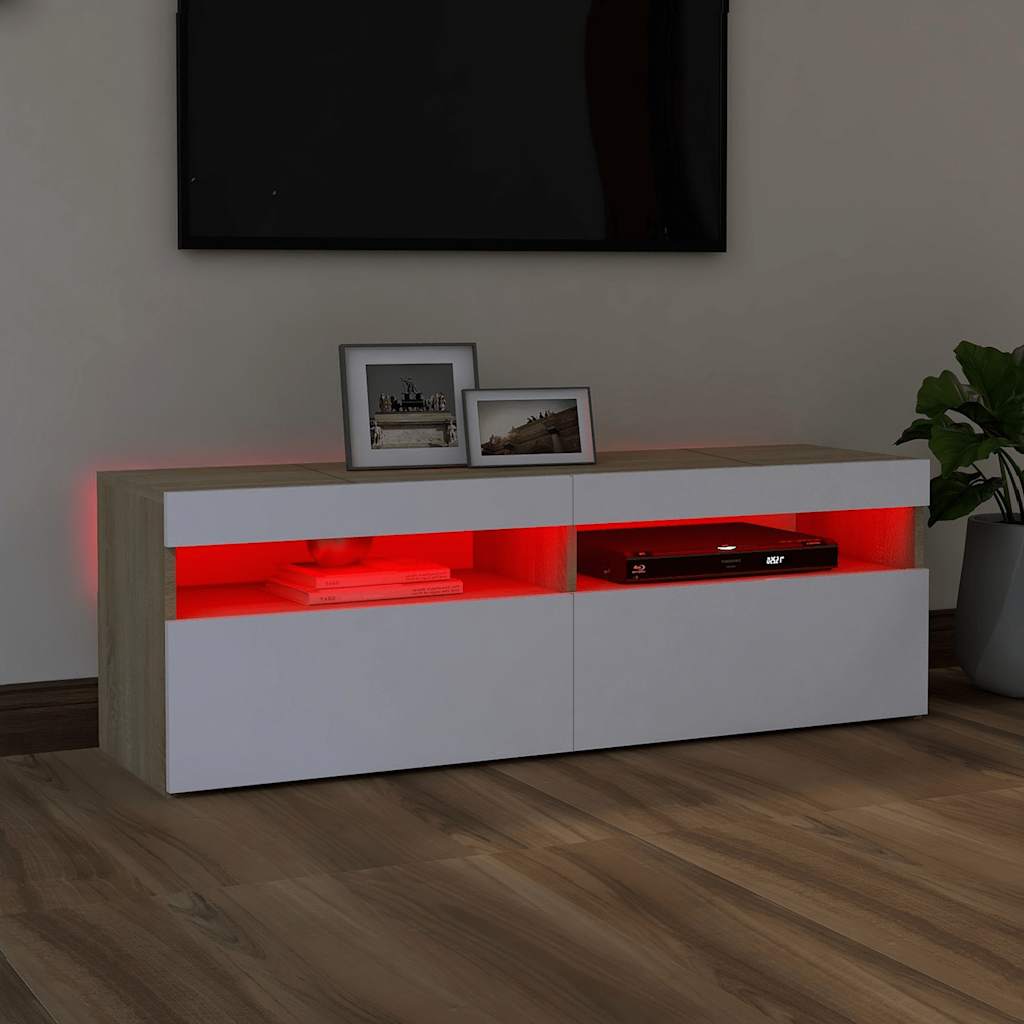 TV Cabinet with LED Lights White and Sonoma Oak 120x35x40 cm