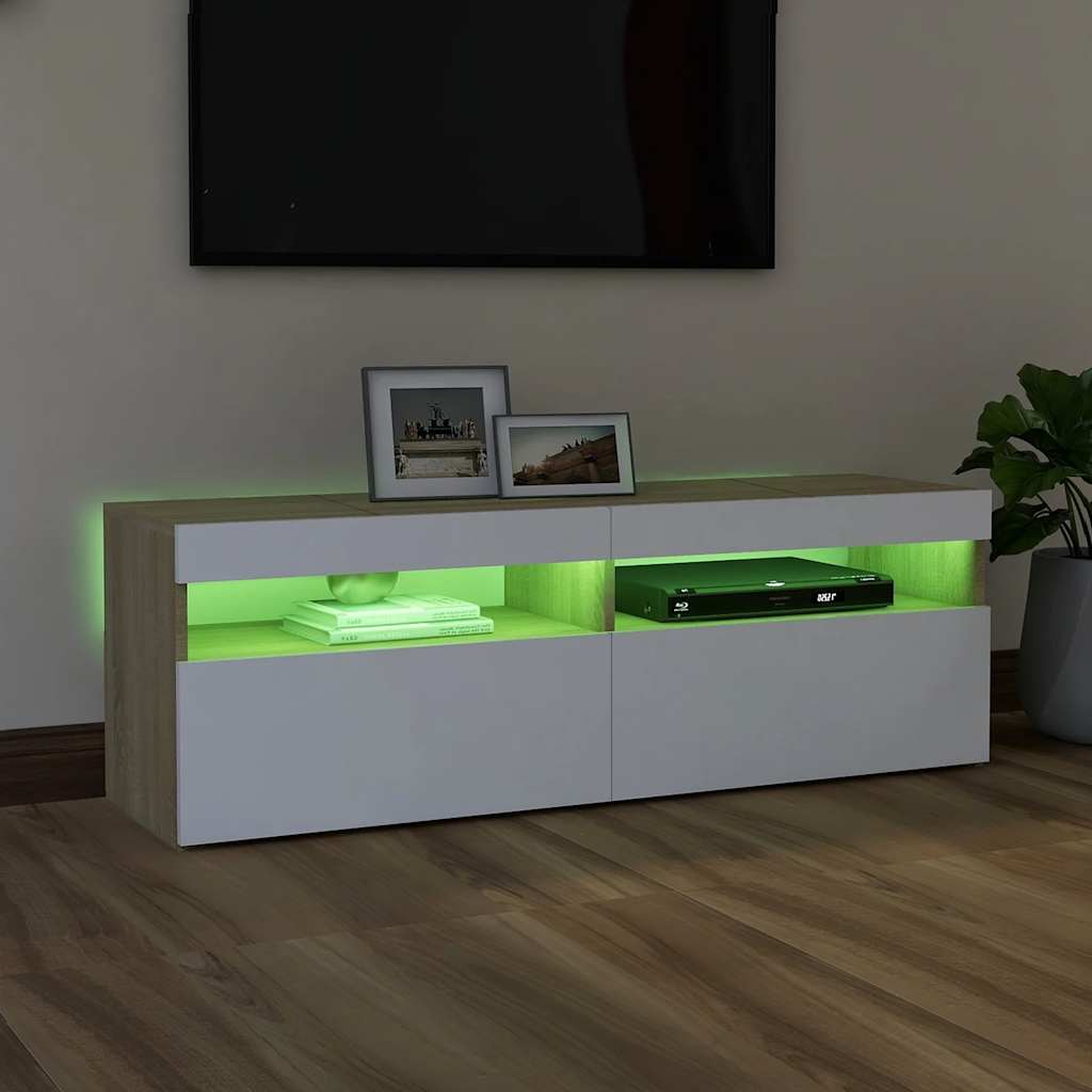 TV Cabinet with LED Lights White and Sonoma Oak 120x35x40 cm