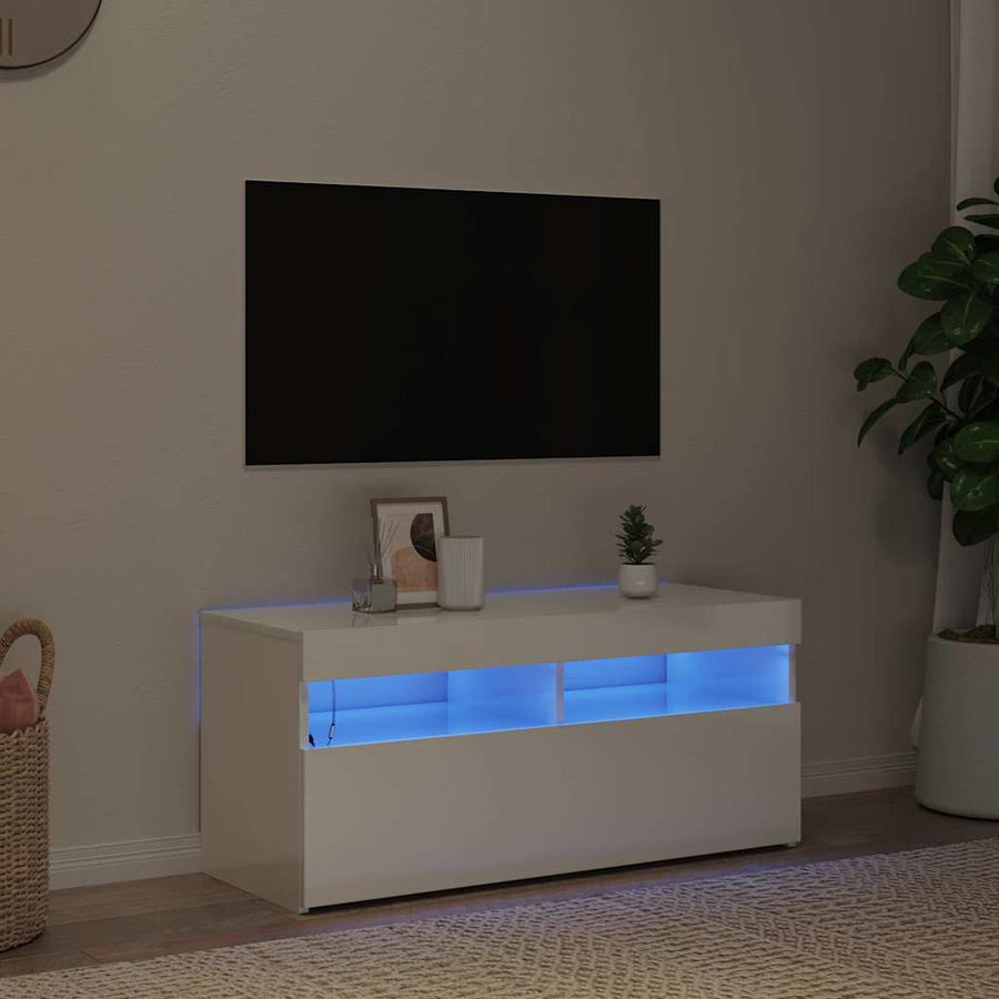 TV Cabinet with LED Lights High Gloss White 90x35x40 cm