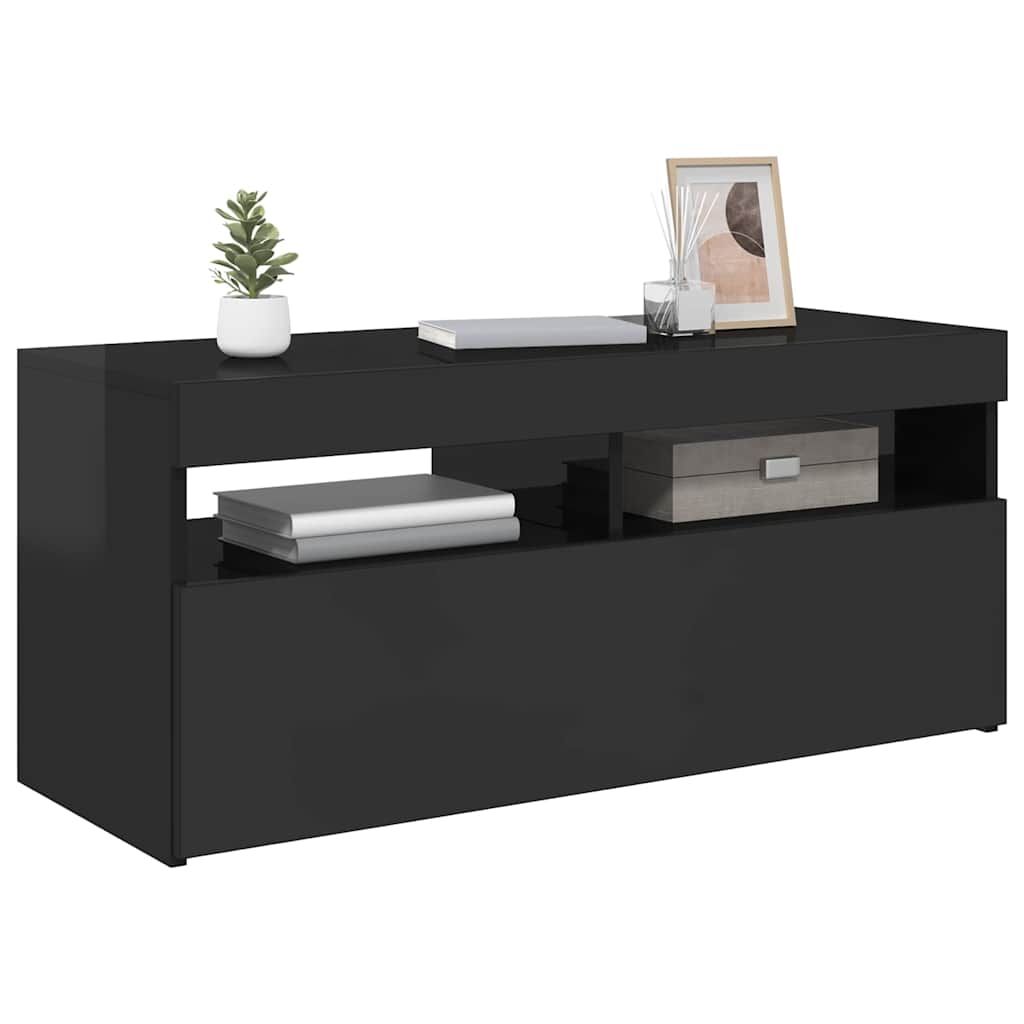 TV Cabinet with LED Lights High Gloss Black 90x35x40 cm