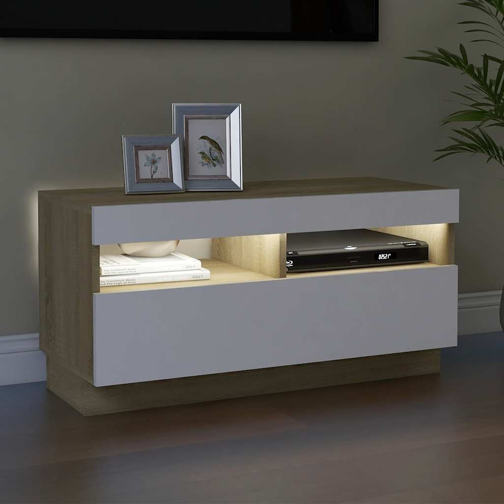 TV Cabinet with LED Lights White and Sonoma Oak 80x35x40 cm
