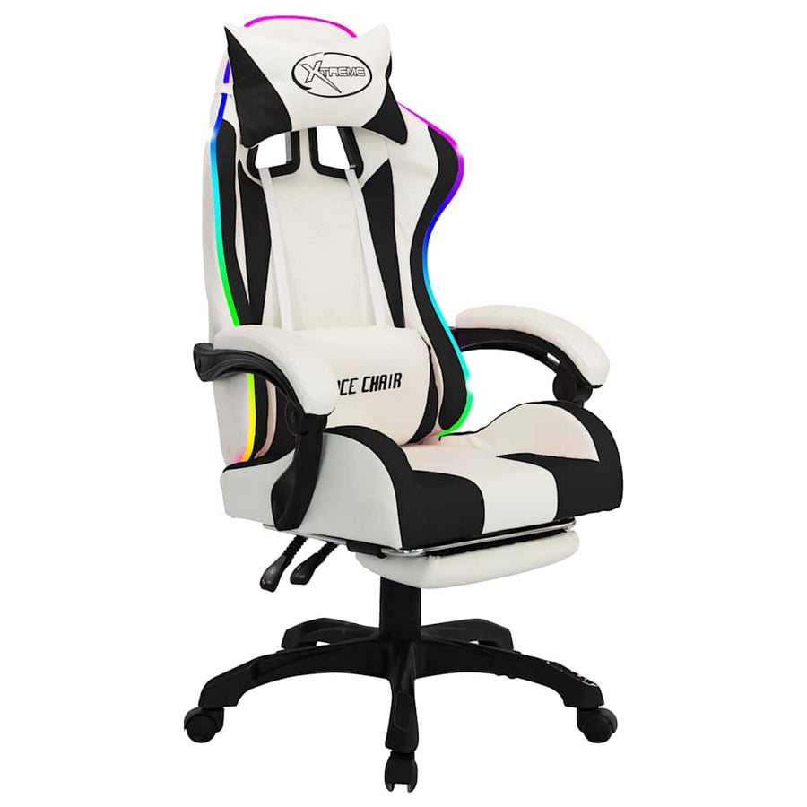 Racing Chair with RGB LED Lights Black and White Faux Leather