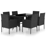 7 Piece Garden Dining Set Poly Rattan Black - Front View