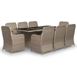 9 Piece Garden Dining Set Poly Rattan Brown - Front View