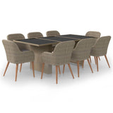 9 Piece Garden Dining Set Poly Rattan Brown - Front View