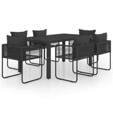 7 Piece Garden Dining Set PVC Rattan Black - Front View