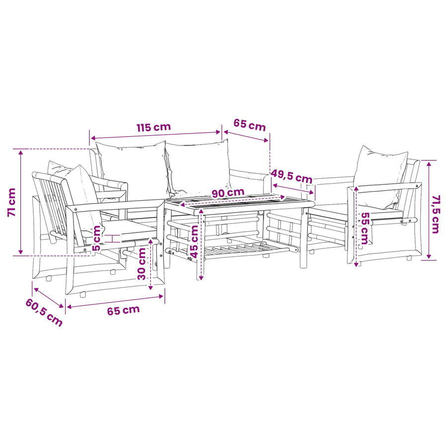 4 Piece Garden Lounge Set with Cushions Bamboo