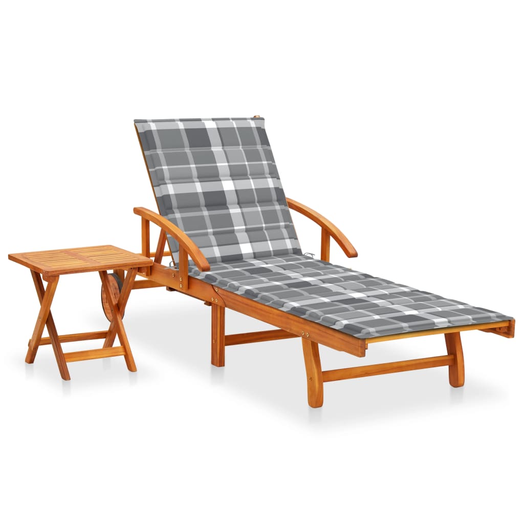 Garden Sun Lounger with Table and Cushion Solid Acacia Wood