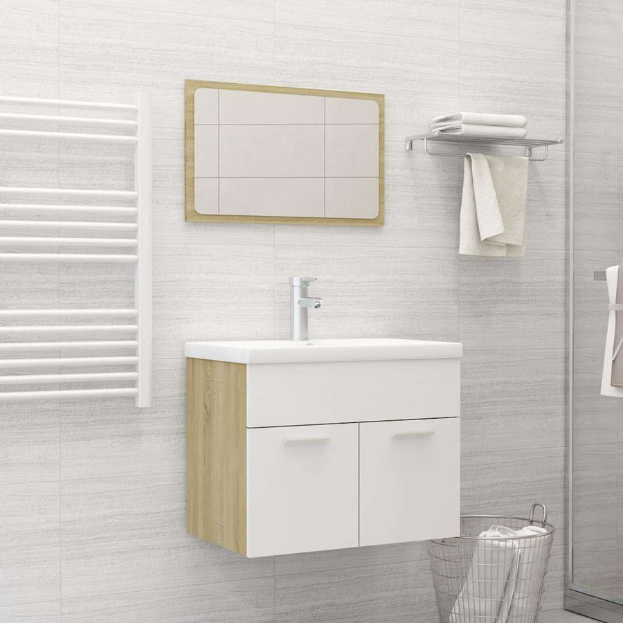 2 Piece Bathroom Furniture Set White and Sonoma Oak Engineered Wood