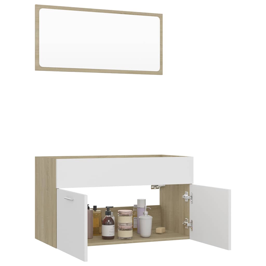 2 Piece Bathroom Furniture Set White and Sonoma Oak Engineered Wood