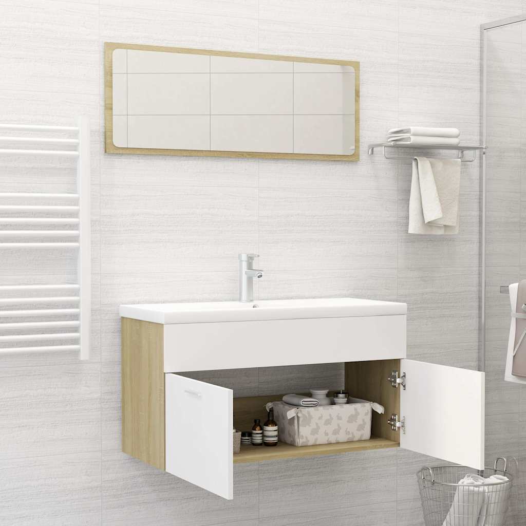2 Piece Bathroom Furniture Set White and Sonoma Oak Engineered Wood