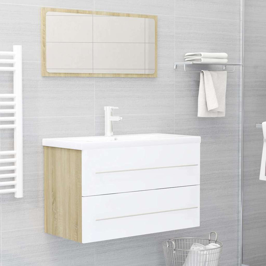 2 Piece Bathroom Furniture Set White and Sonoma Oak Engineered Wood