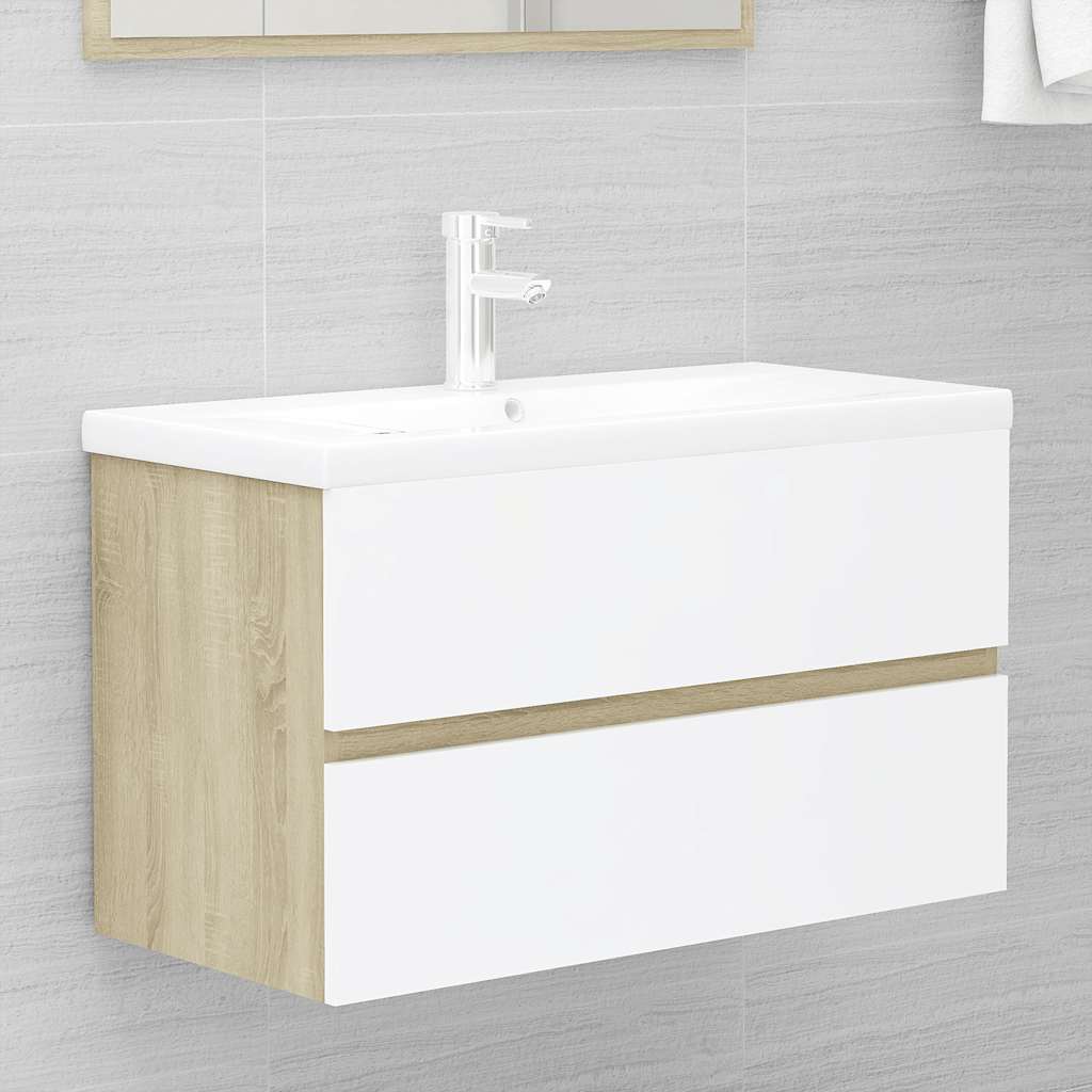 2 Piece Bathroom Furniture Set White and Sonoma Oak Engineered Wood