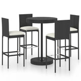 5 Piece Garden Bar Set with Cushions Poly Rattan Black - Front View