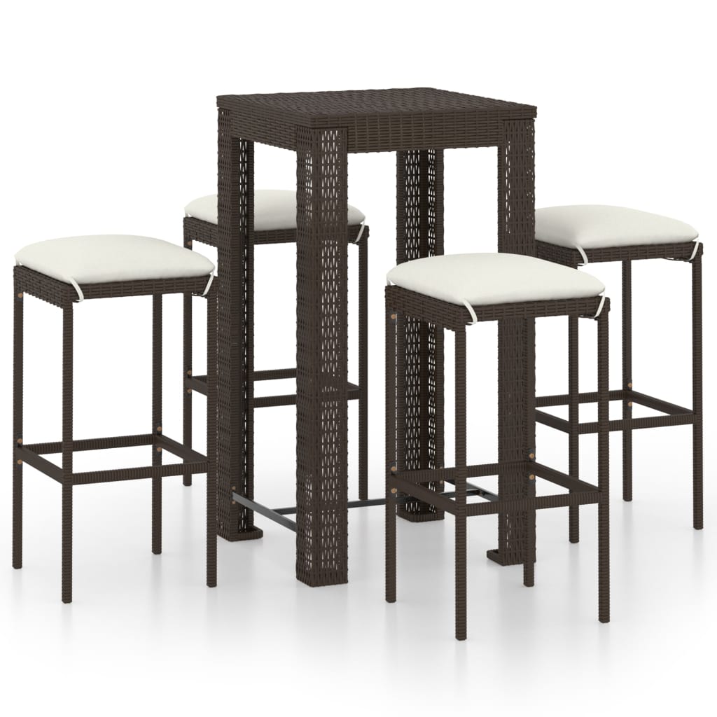 5 Piece Garden Bar Set with Cushions Poly Rattan Brown