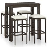 5 Piece Garden Bar Set with Cushions Poly Rattan Brown - Front View