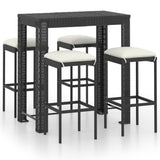 5 Piece Garden Bar Set with Cushions Poly Rattan Black - Front View