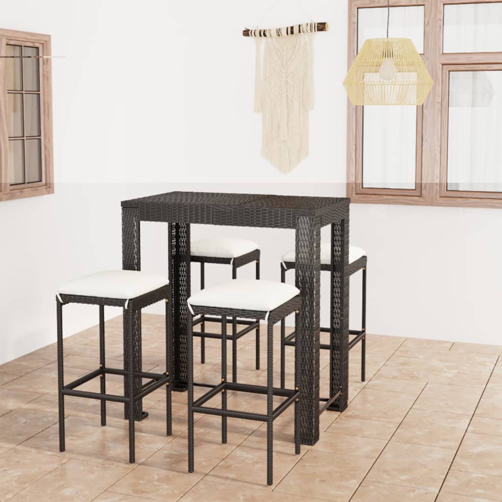 5 Piece Garden Bar Set with Cushions Poly Rattan Black