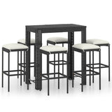 7 Piece Garden Bar Set with Cushions Poly Rattan Black - Front View